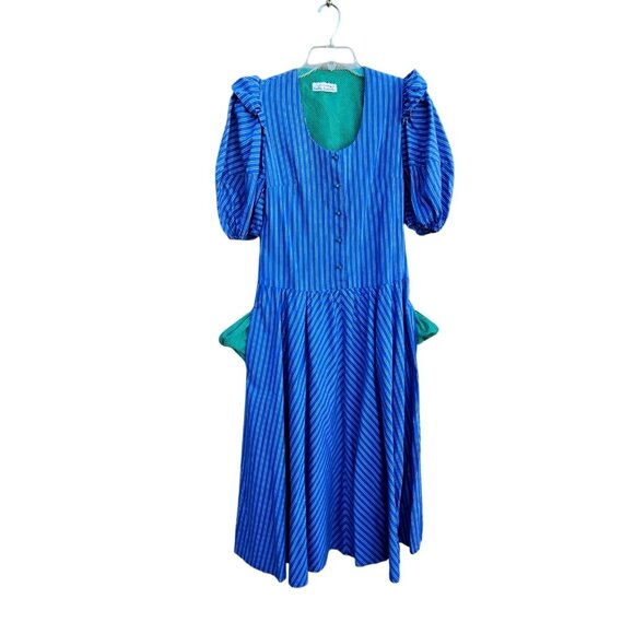 1980s Belle France Blue Stripe Cotton Midi Dress Puffy Sleeves Pockets Sz 6 - Picture 6 of 14